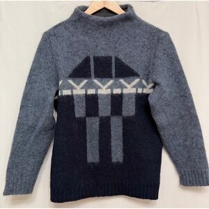 Floss Vintage Icelandic Pure New Wool Blue Geometric Mock Neck Sweater S Winter